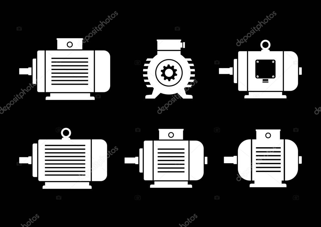 White electric motor icons on black background  