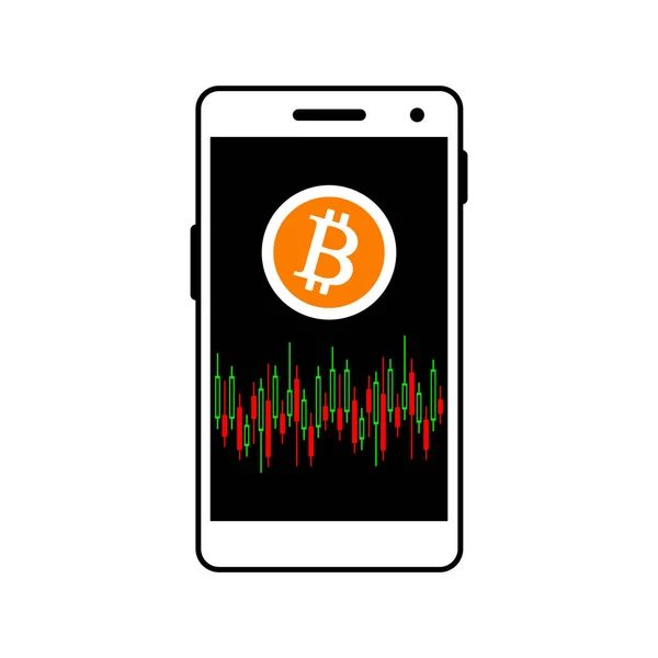 Icono de vector de teléfono inteligente sobre fondo blanco, icono de bitcoin — Vector de stock