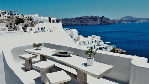 Paesaggio Santorini Tavolo Legno Santorini Isola Più Popolare Greece Sono — Foto Stock