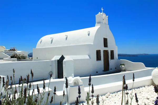 Santorini Landschaft Kleine Weiße Kirche Santorini Ist Die Beliebteste Insel — Stockfoto