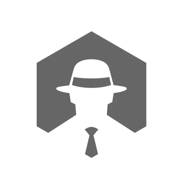 Icona Esagonale Incognito Hacker Logo Design Uomo Con Logo Fedora — Vettoriale Stock