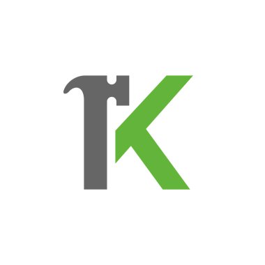 K harfi çekiç logosu. K Harfi Tasarım Vektörü. Yeşil ve Gri Renk Simgesi