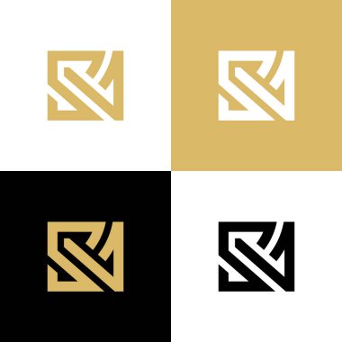 İlk SV harfi logo tasarım şablon elementleri, altın renk sembolü, kare biçimli tiphografi