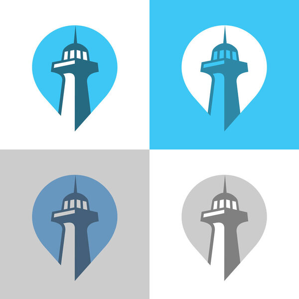 Map pointer and lighthouse, vector logo template, tower icon design