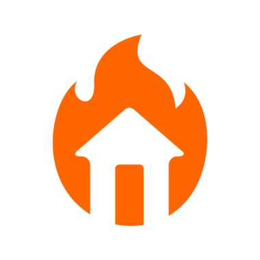 Yangın logosu dizaynı, ev ve ateş ikonu, yanmış ev sembolü - vektör