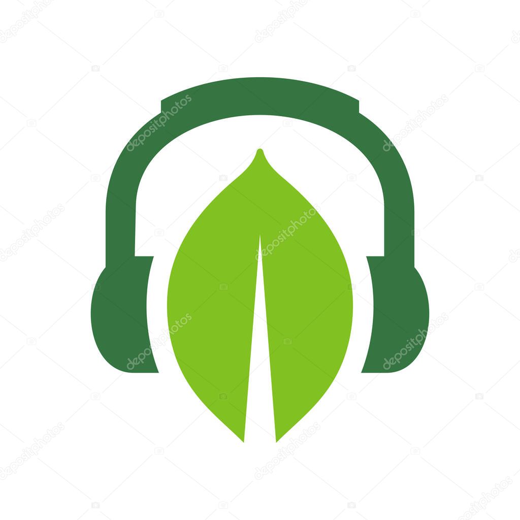 Green leaf and headphone logo design, eco living podcast symbol, headset and leaf icon