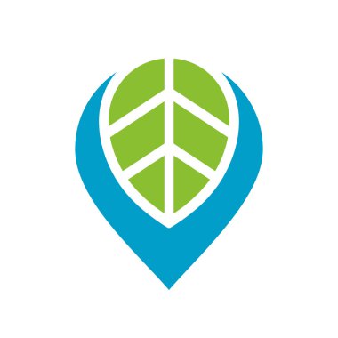 Harita iğnesi ve yaprak logosu tasarım şablonu elementleri, beyaz arkaplanda düz stil grafik tasarımı