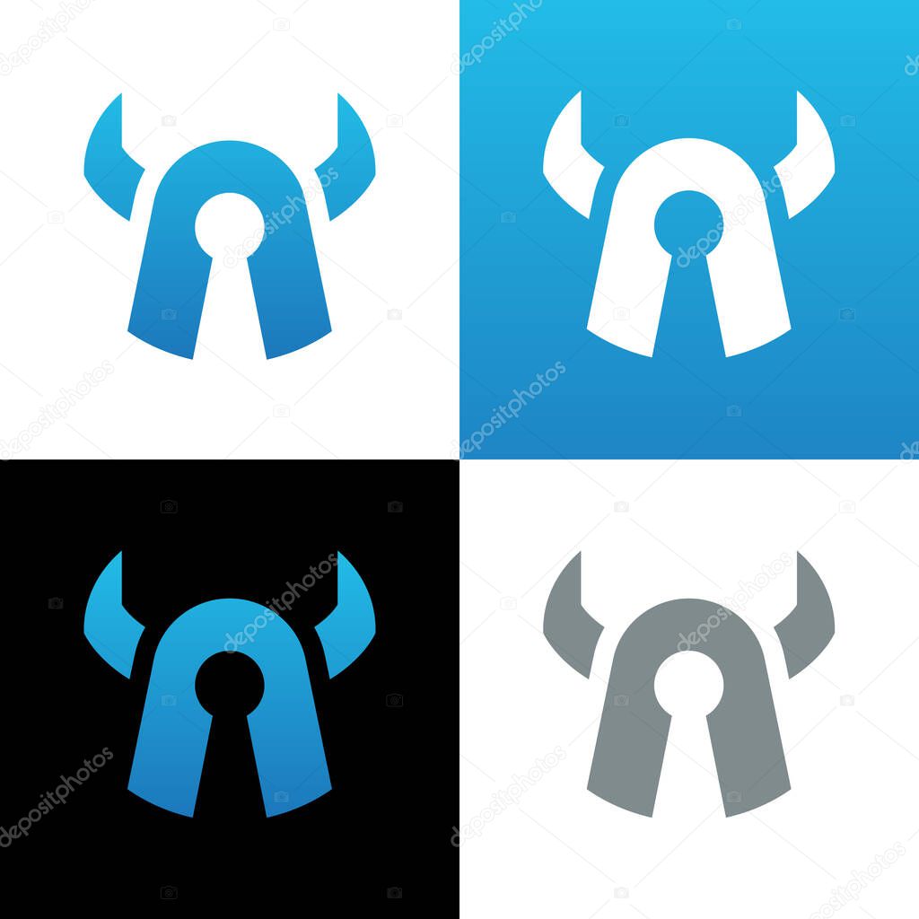Viking security logo icon design template elements, warrior antivirus symbol, knight helmet and keyhole illustration