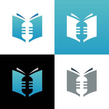 Podcast logo şablonu, eğitim kanalı simgesi, mikrofon ve kitap sembolü - Vektör