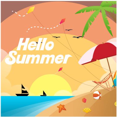 Merhaba Summer Beach Saiboat günbatımı arka plan vektör görüntü