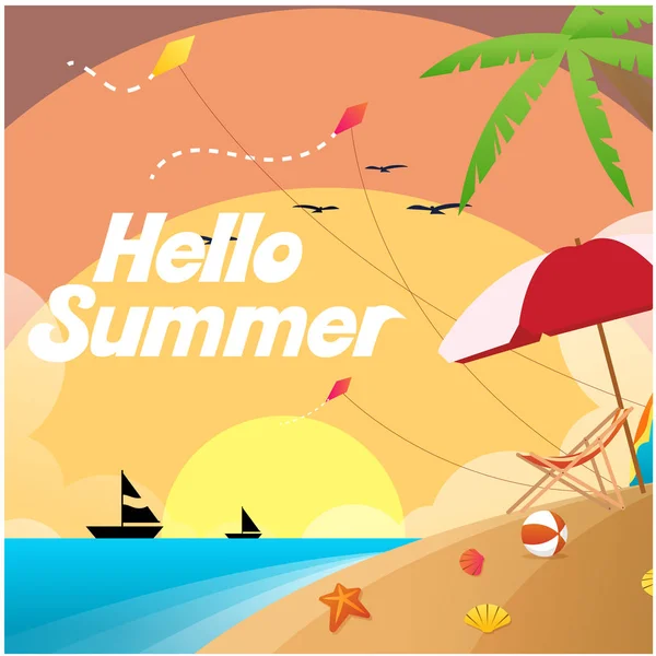 Γειά Σου Καλοκαίρι Παραλία Ηλιοβασίλεμα Saiboat Φόντο Διανυσματική Εικόνα — Διανυσματικό Αρχείο