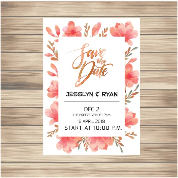Speichern Sie Das Datum Hochzeitseinladungskarte Mit Rosa Blumen Hintergrund Vektor — Stockvektor