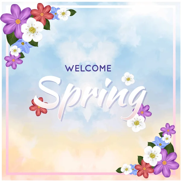 Välkommen Våren Färgstark Blomma Akvarell Bakgrunden Vektorbild — Stock vektor