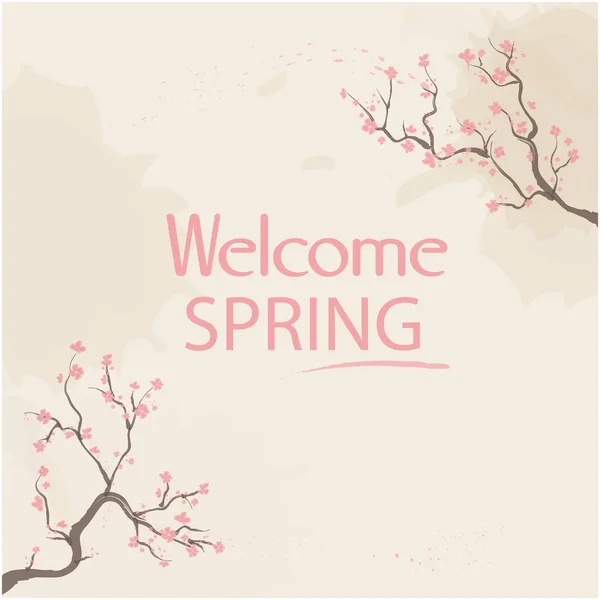 Bem Vindo Primavera Sakura Pink Background Vector Imagem —  Vetores de Stock