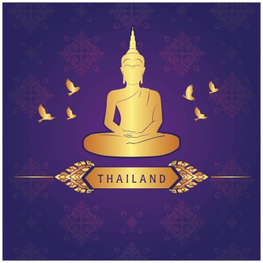 Tayland Buda heykeli kuş Taylandlı mor arkaplan vektör resmi tasarım