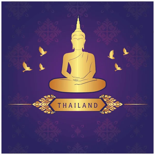 Tailandia Estatua Buda Pájaro Diseño Tailandés Púrpura Fondo Vector Imagen — Vector de stock
