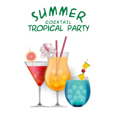 Tropikal yaz kokteyl parti kokteyl beyaz arka plan vektör görüntüsü ayarla