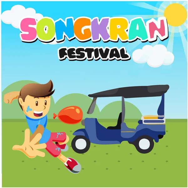 Songkran Festival Kid Spelar Vatten Tuk Tuk Bakgrund Vector Image — Stock vektor