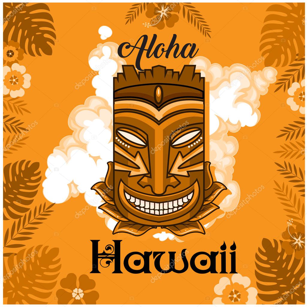 Aloha Hawaii Tiki Mask Leaves Orange Background Vector Image