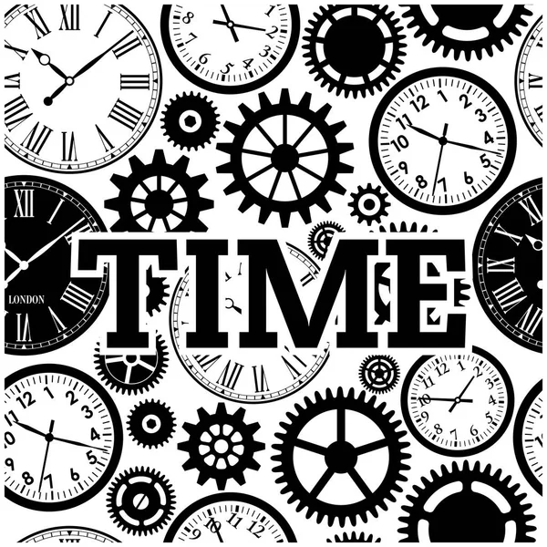 Relógio Tempo Engrenagens Cog Preto Branco Fundo Vector Imagem — Vetor de Stock