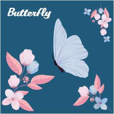 Kelebek ve çiçek mavi renkli vektör görüntü