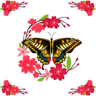 Kelebek ve kırmızı çiçek arka plan vektör görüntü