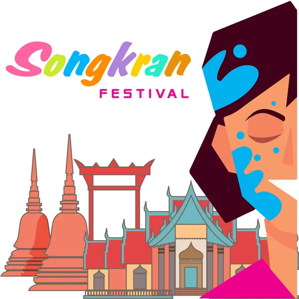 Songkran Festival Thailand Flicka Som Leker Vatten Templet Bakgrund Vector — Stock vektor