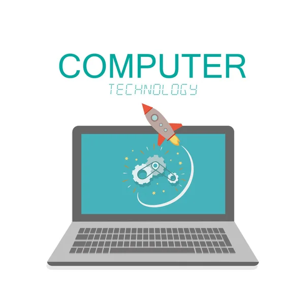 Computer Technology Labtop Rocket Flying Background Vector Image - Stok Vektor