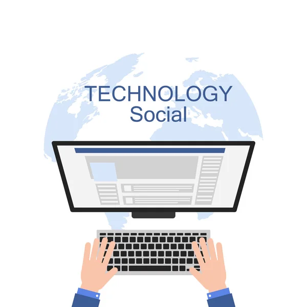Technology Social Hand Working Computer Earth Background Vector Image — Stock Vector