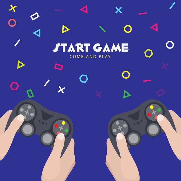 Start Game Come Play Two Human Holding Game Controller Background — Stock Vector