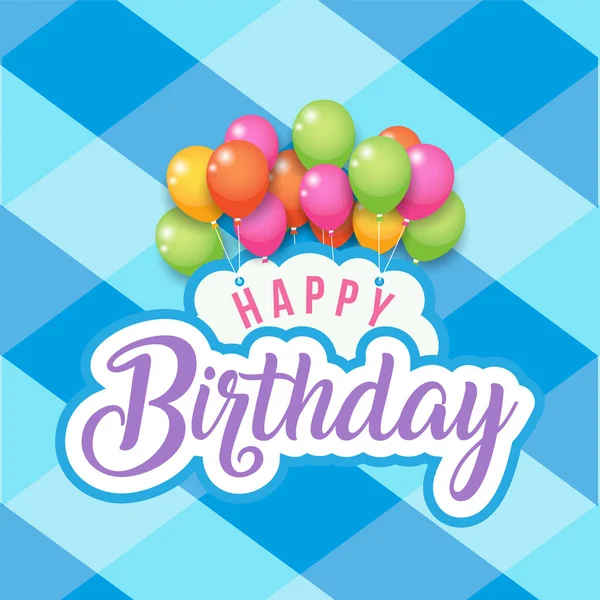 幸せな誕生日バルーン青い正方形グリッド背景ベクトル画像 — ストックベクタ