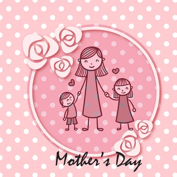 Anneler Günü Anne Kızı Oğlu Rose Daire Kare Pembe Arka — Stok Vektör