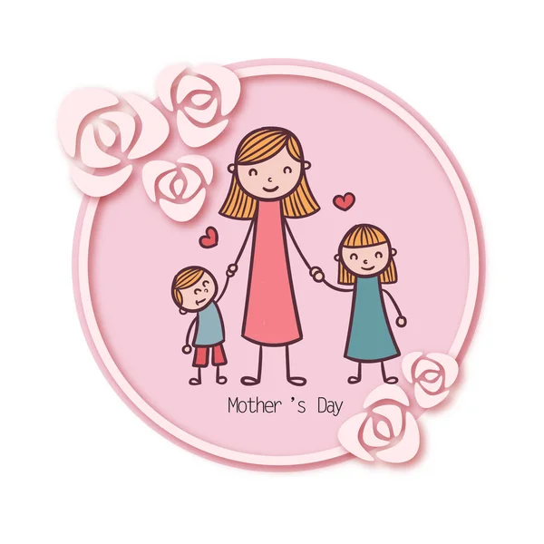 Anneler Günü Anne Kızı Oğlu Rose Daire Çerçeve Arka Plan — Stok Vektör