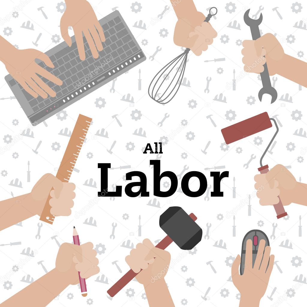 All Labor Hand Holding Equipment White Background Vector Image