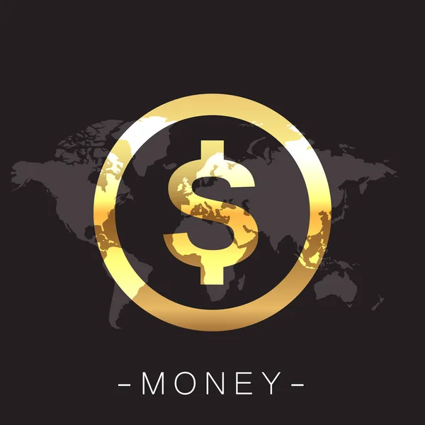 Money Golden Coin World Map Black Background Vector Image — Stock Vector
