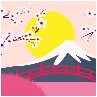 Mount Fuji Sakura köprü günbatımı arka plan vektör görüntü