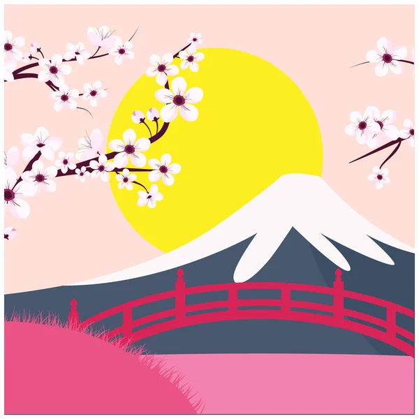 マウント富士さくら橋夕日を背景ベクトル画像 — ストックベクタ