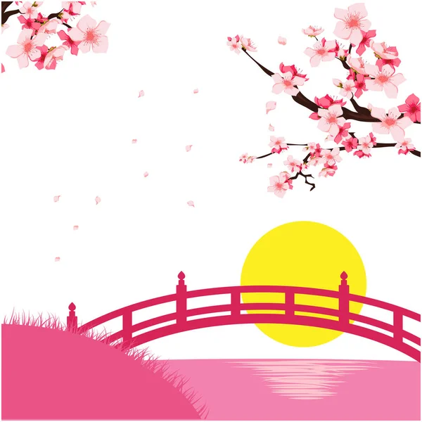 日本さくら橋サンセット ピンク背景ベクトル画像 — ストックベクタ