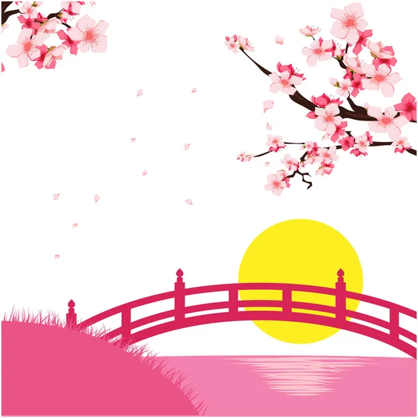 Japonya Sakura köprü günbatımı pembe arka plan vektör görüntü