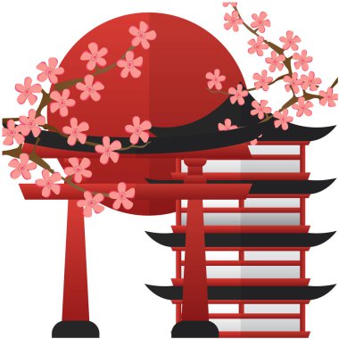 Japonya Pagoda Gate günbatımı Sakura arka plan vektör görüntü