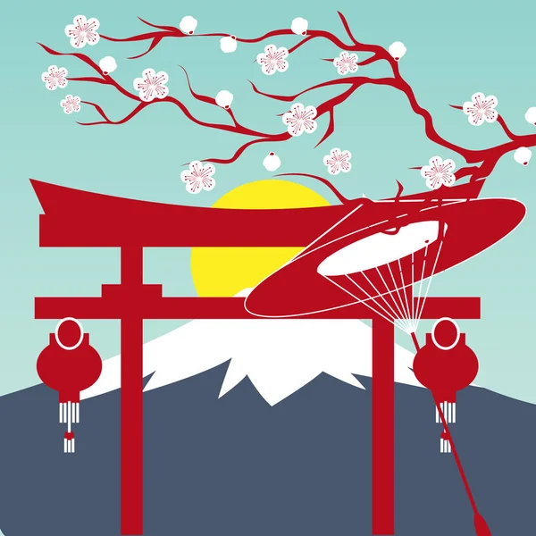 富士山太陽日本ゲートさくら背景ベクトル画像 — ストックベクタ