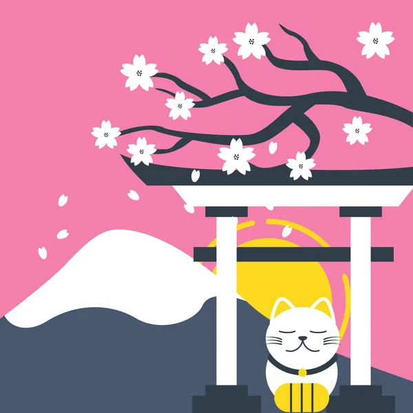 富士山日本ゲートさくら招き猫ピンク背景ベクトル画像 — ストックベクタ