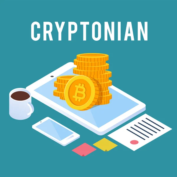 Cryptonian Concept Smartphone Coin Fondo Azul Imagen Vectorial — Vector de stock