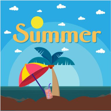 Yaz plaj şemsiye Hindistan cevizi ağacı deniz arka plan vektör görüntü