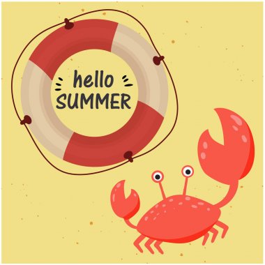 Merhaba yaz Lifebuoy Yengeç sarı arka plan vektör görüntü