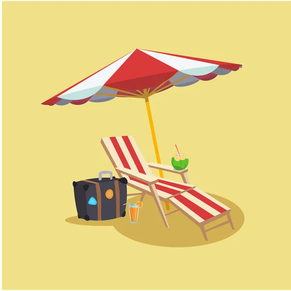 Летний Red Beach Зонтик Кресло Багаж Кокосовый Желтый Фон Векторное — стоковый вектор