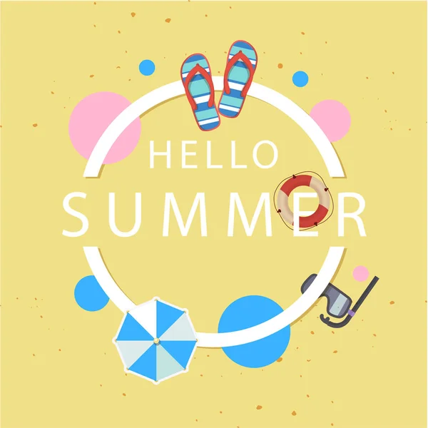 Hello Summer Shoes Umbrella Snorkel Circle Frame Yellow Background Vector — Stock Vector