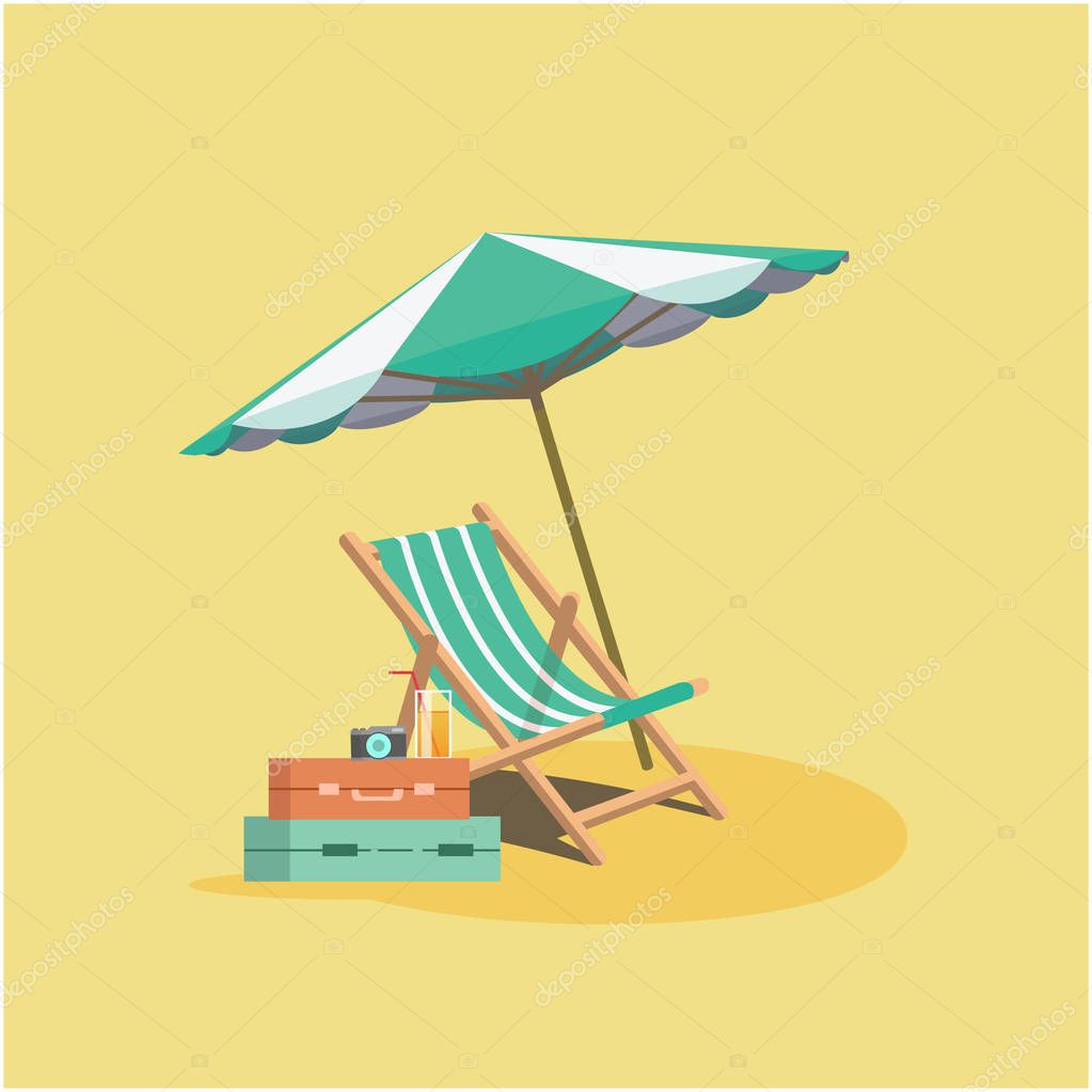 Summer Beach Umbrella Chair Baggage Yellow Background Vector Image