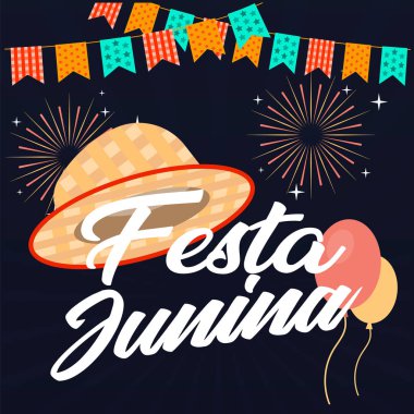 Festa Junina şapka bayrak balon Fireworks siyah arka plan vektör görüntü