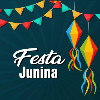 Festa Junina fener siyah arka plan vektör resmi bayrakları